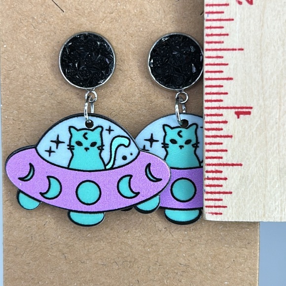 Cat Spaceship Acrylic Druzy Dangle Earrings - Picture 2 of 2